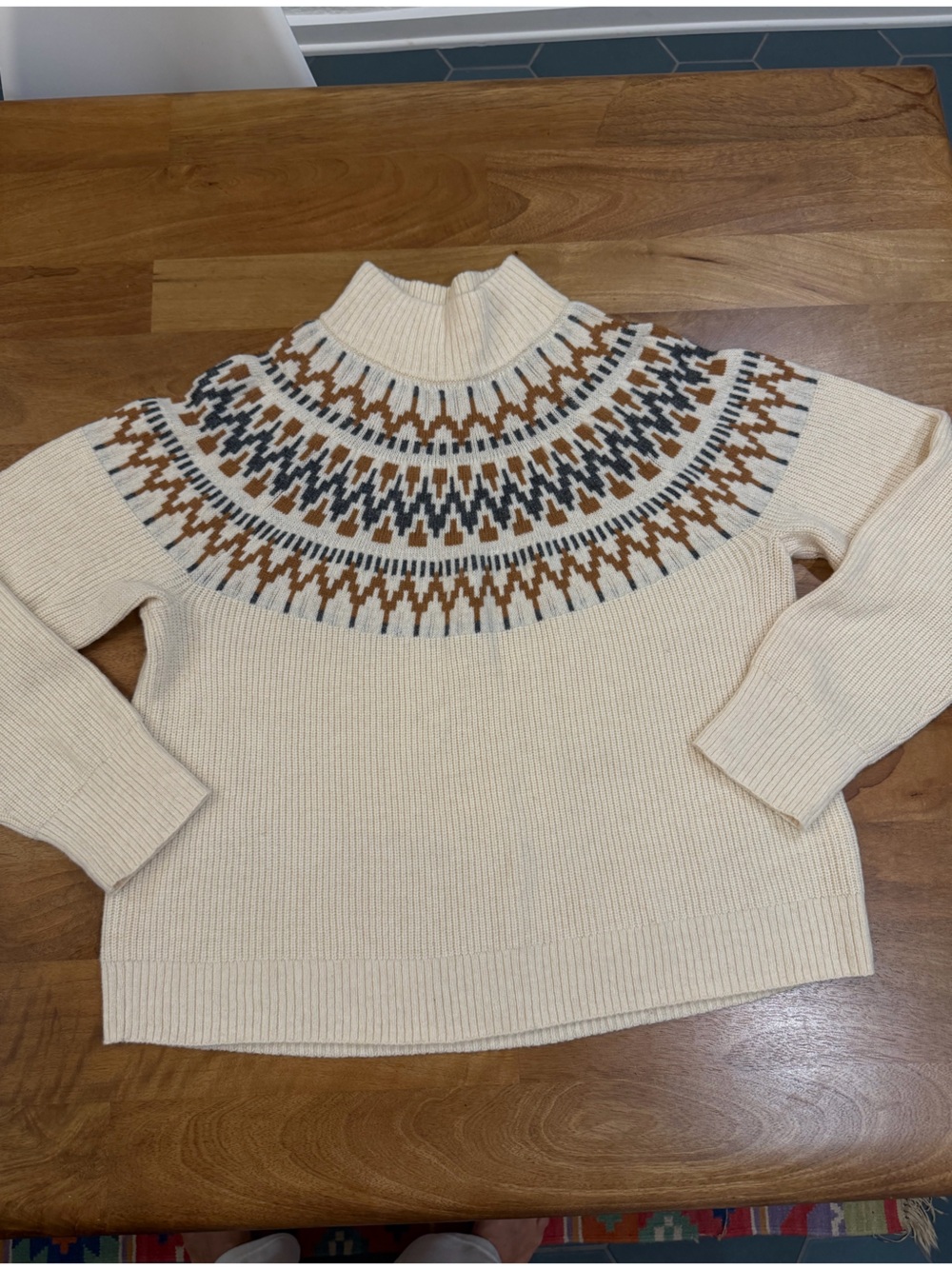 J. Crew Cream Fair Isle Lambs Wool Blend Sweater w/ Brown & Gray Yoke Size XL